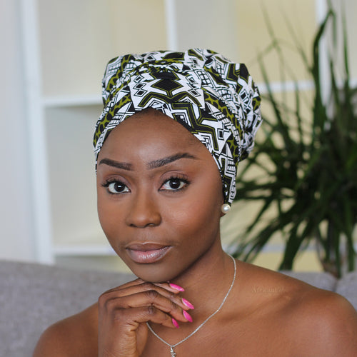 Easy headwrap - Satin lined hair bonnet - Green / white Efosa