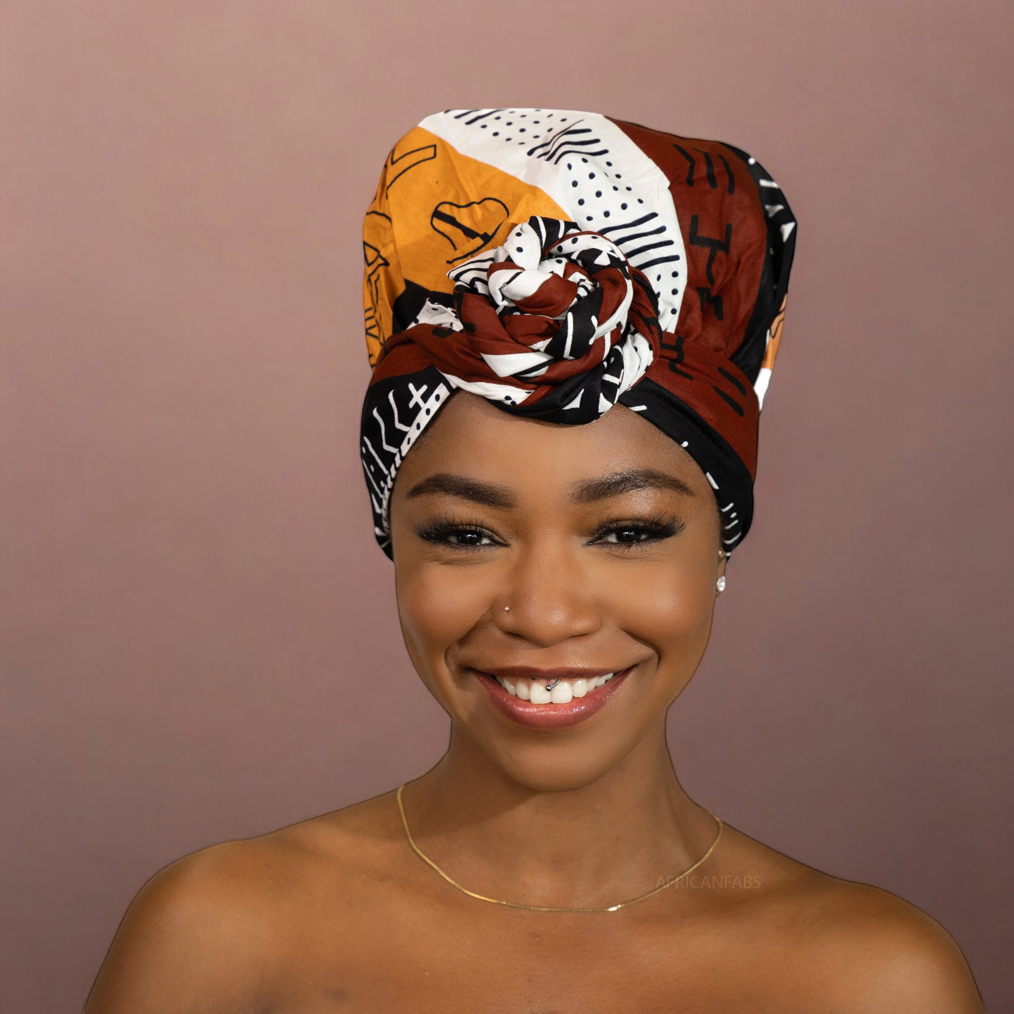 Easy headwrap - Satin lined hair bonnet - Dark Brown / Yellow Bogolan Symbols