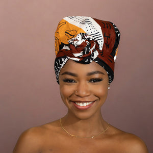 Easy headwrap / einfaches Kopftuch - Satinfutter - Dunkelbraun / Gelb Bogolan Symbols