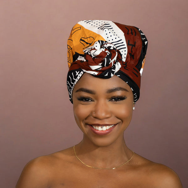 Turban facile - Bonnet en satin - Marron foncé / Jaune Bogolan Symbols