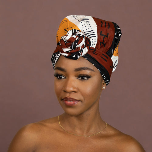 Easy headwrap / einfaches Kopftuch - Satinfutter - Dunkelbraun / Gelb Bogolan Symbols