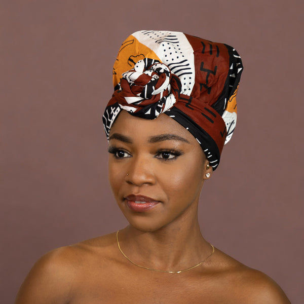 Easy headwrap - Satin lined hair bonnet - Dark Brown / Yellow Bogolan Symbols