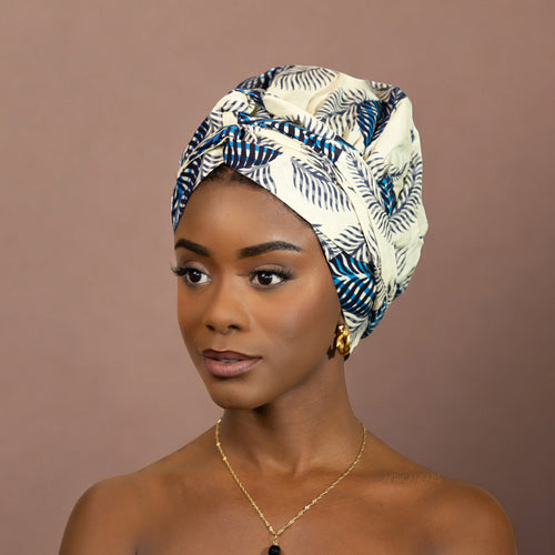 Turban facile - Bonnet en satin - Bleu / fleur blanche