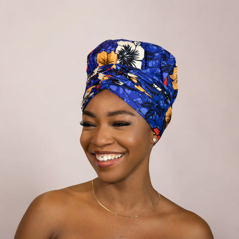 Easy headwrap - Satin lined hair bonnet - Blue flower