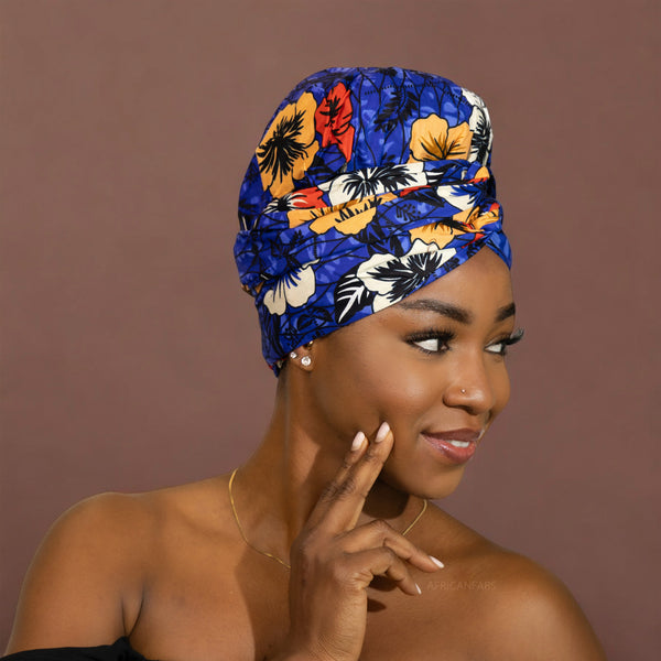 Easy headwrap - Satin lined hair bonnet - Blue flower