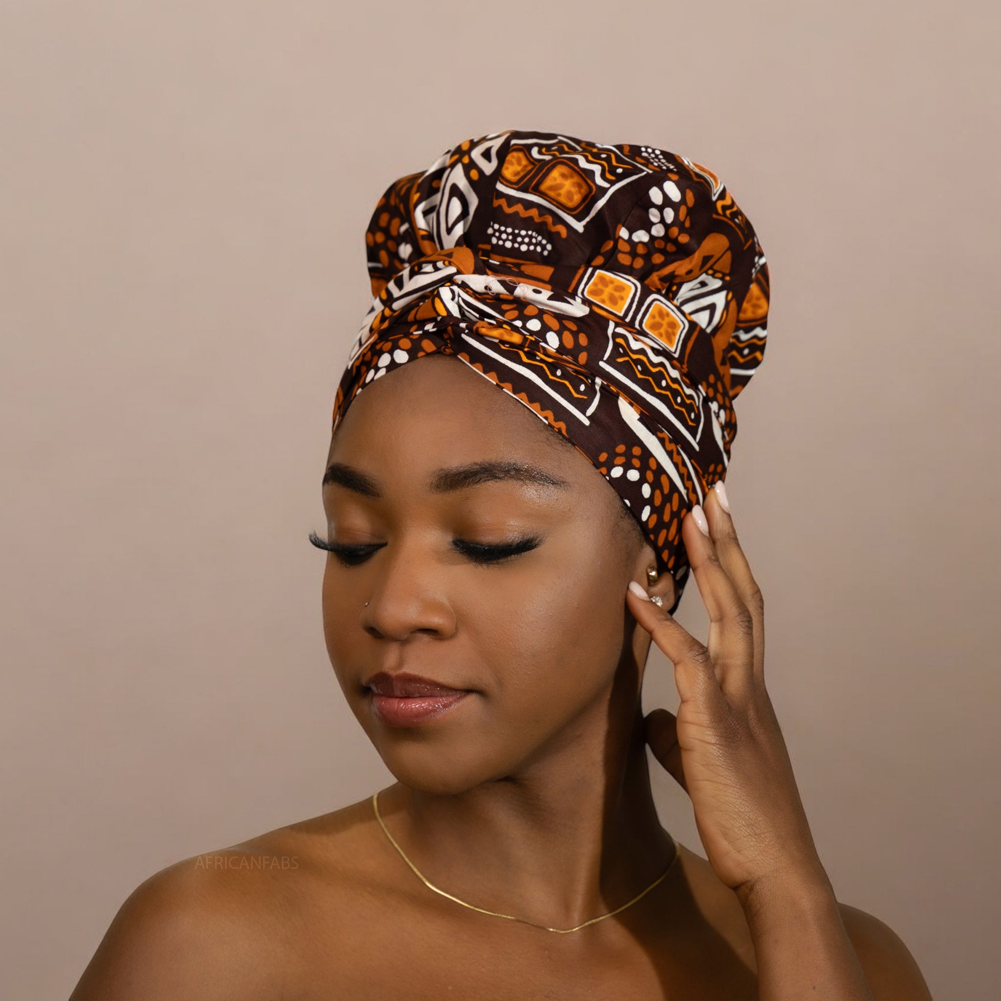 Easy headwrap / einfaches Kopftuch - Satinfutter - Braune Muster Bogolan