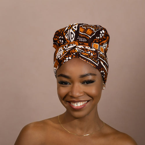 Turban facile - Bonnet en satin - Motifs marrons Bogolan