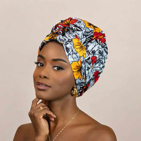 Easy headwrap / einfaches Kopftuch - Satinfutter - Hellgrau Flowers