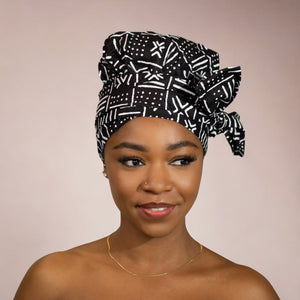 Turban facile - Bonnet en satin - Noir Blanc X Bogolan