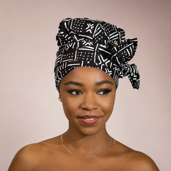 Easy headwrap / einfaches Kopftuch - Satinfutter - Schwarz Weiss X Bogolan