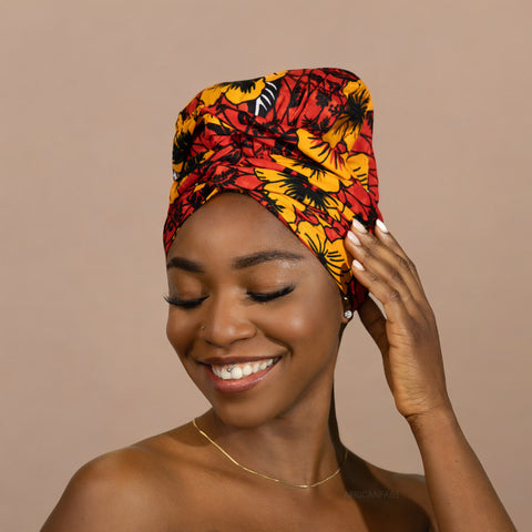 Easy headwrap / einfaches Kopftuch - Satinfutter - Rot Flowers