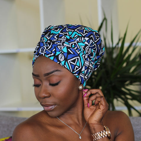 Easy headwrap / einfaches Kopftuch - Satinfutter - Blau / türkis Ame