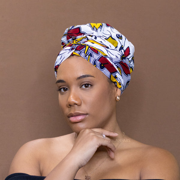 Easy headwrap - Satin lined hair bonnet -  White Red / Yellow flower