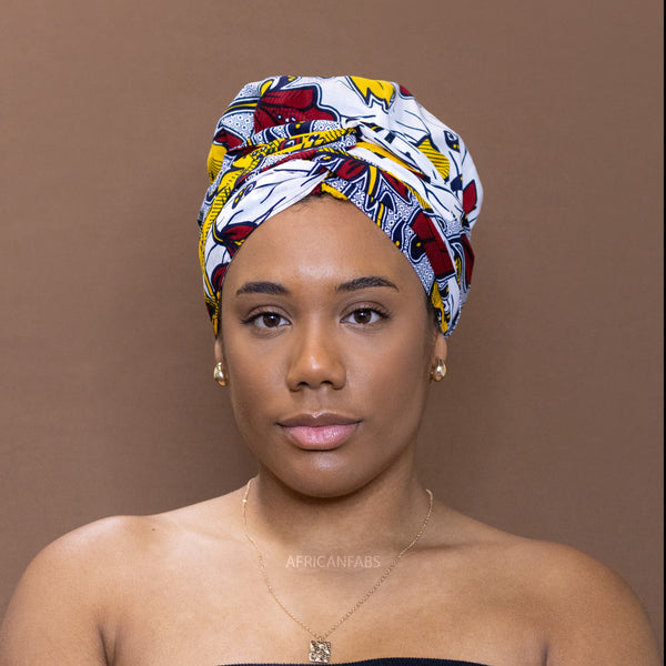 Easy headwrap - Satin lined hair bonnet -  White Red / Yellow flower