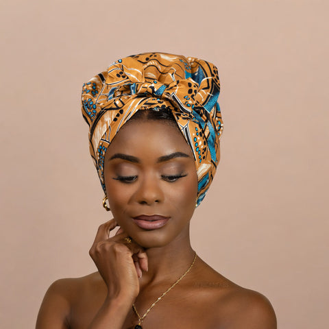 Easy headwrap - Satin lined hair bonnet - Brown / blue