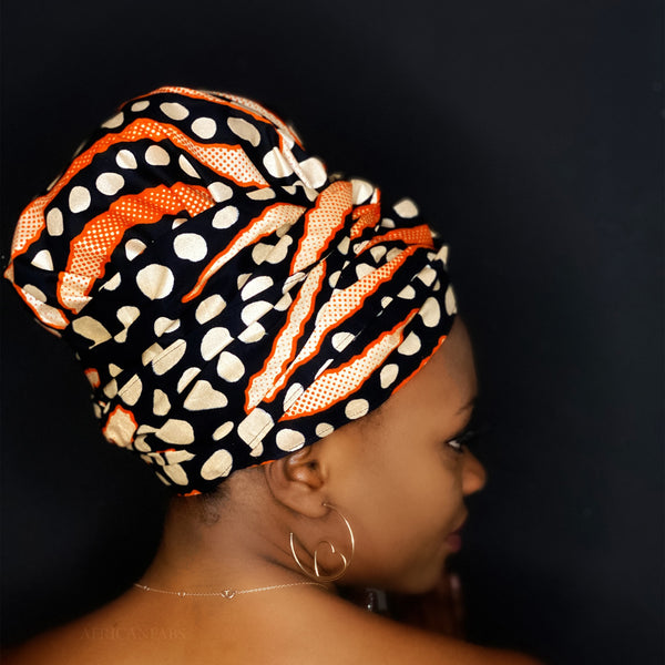 Easy headwrap - Satin lined hair bonnet - Orange Bogolan