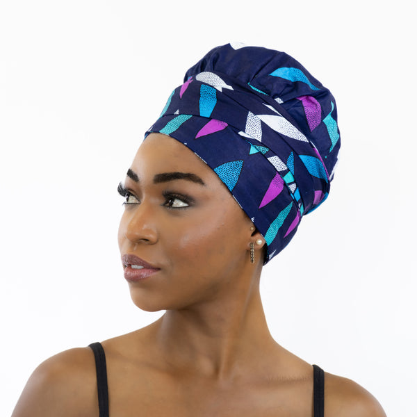 Easy headwrap / einfaches Kopftuch - Satinfutter - Blau / rosa sunburst