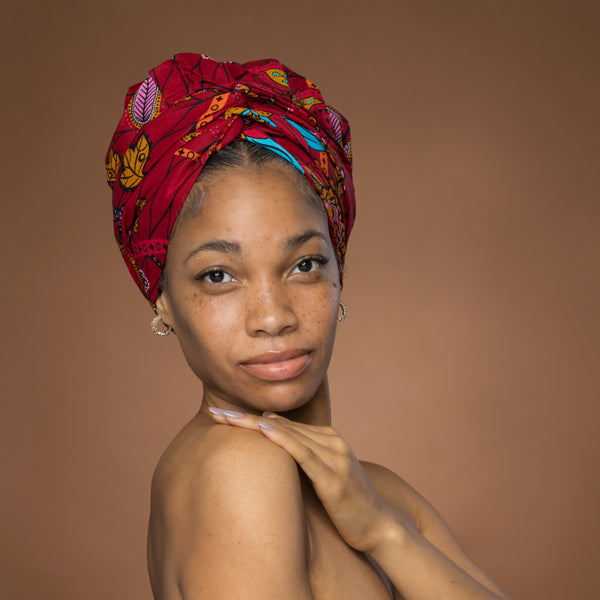 Turban facile - Bonnet en satin - Rouge foncé & Jaune Botanical Flow