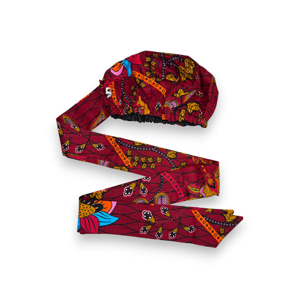 Easy headwrap - Satin lined hair bonnet - Dark Red & Yellow Botanical Flow