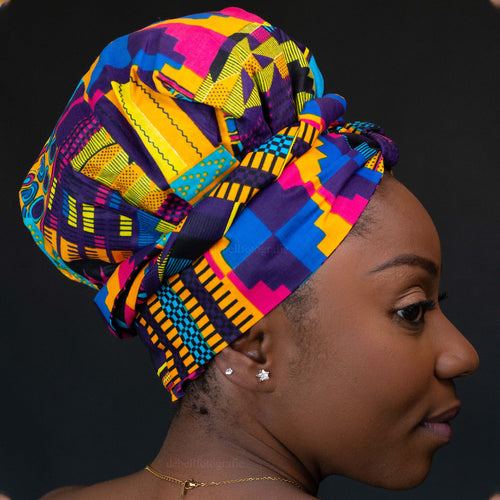 Easy headwrap - Satin lined hair bonnet - Multicolor kente / purple