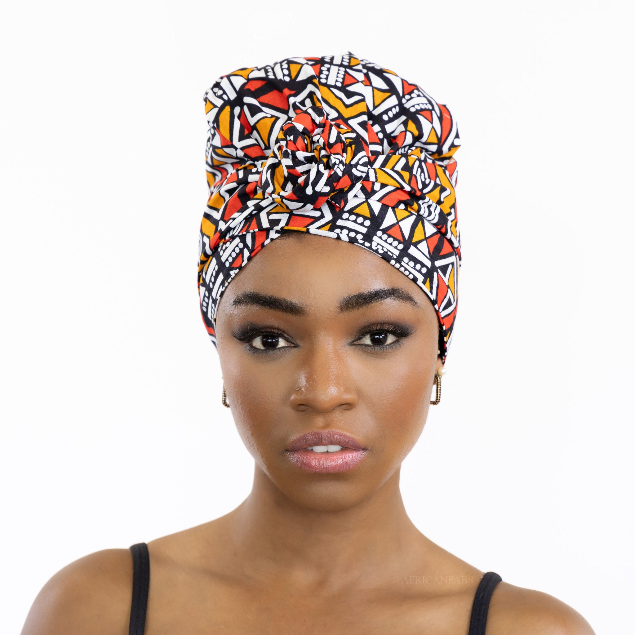 Easy headwrap / einfaches Kopftuch - Satinfutter - Rot / orange Bogolan