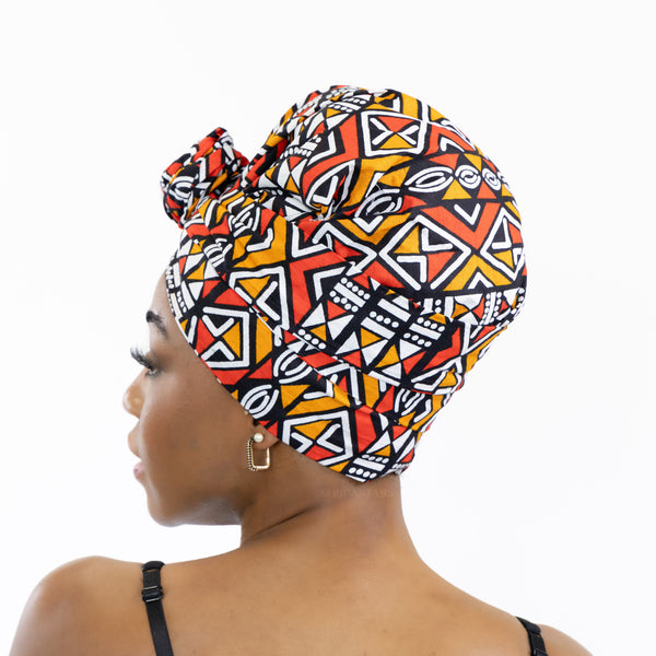 Easy headwrap / einfaches Kopftuch - Satinfutter - Rot / orange Bogolan