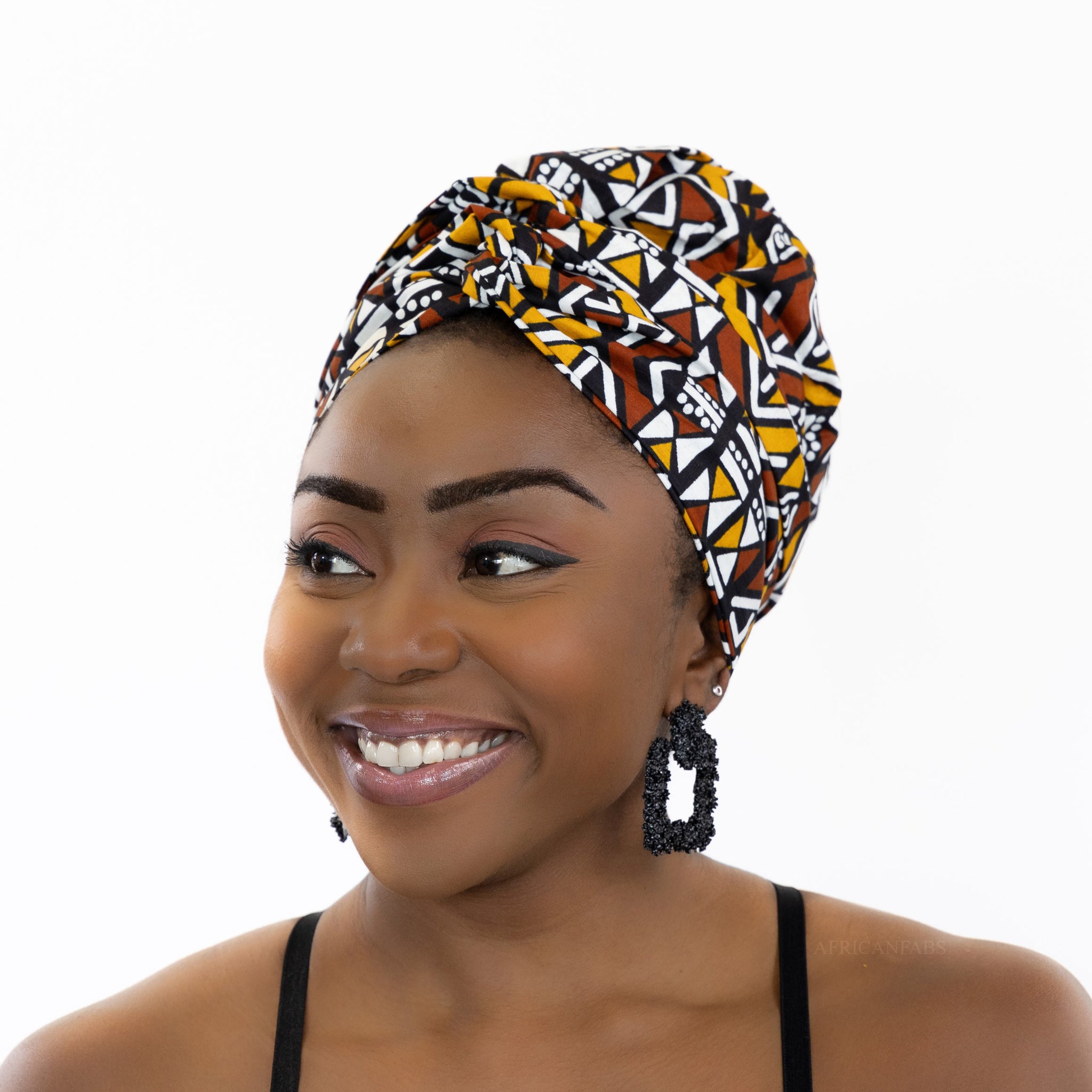 Easy headwrap - Satin lined hair bonnet - Mustard / White Bogolan