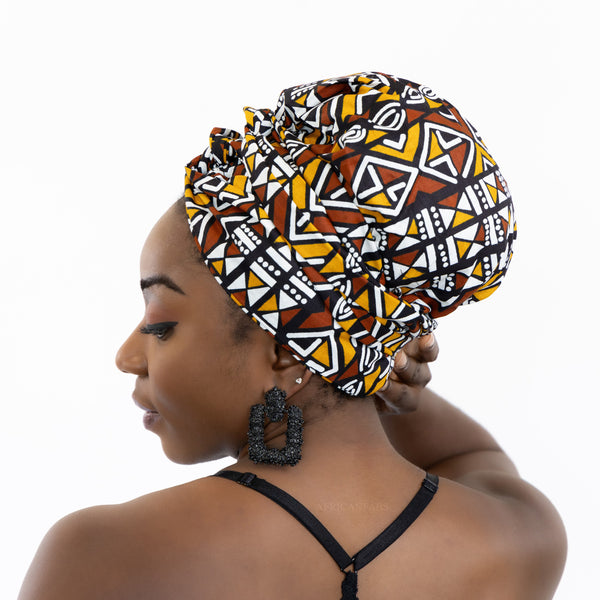 Easy headwrap - Satin lined hair bonnet - Mustard / White Bogolan