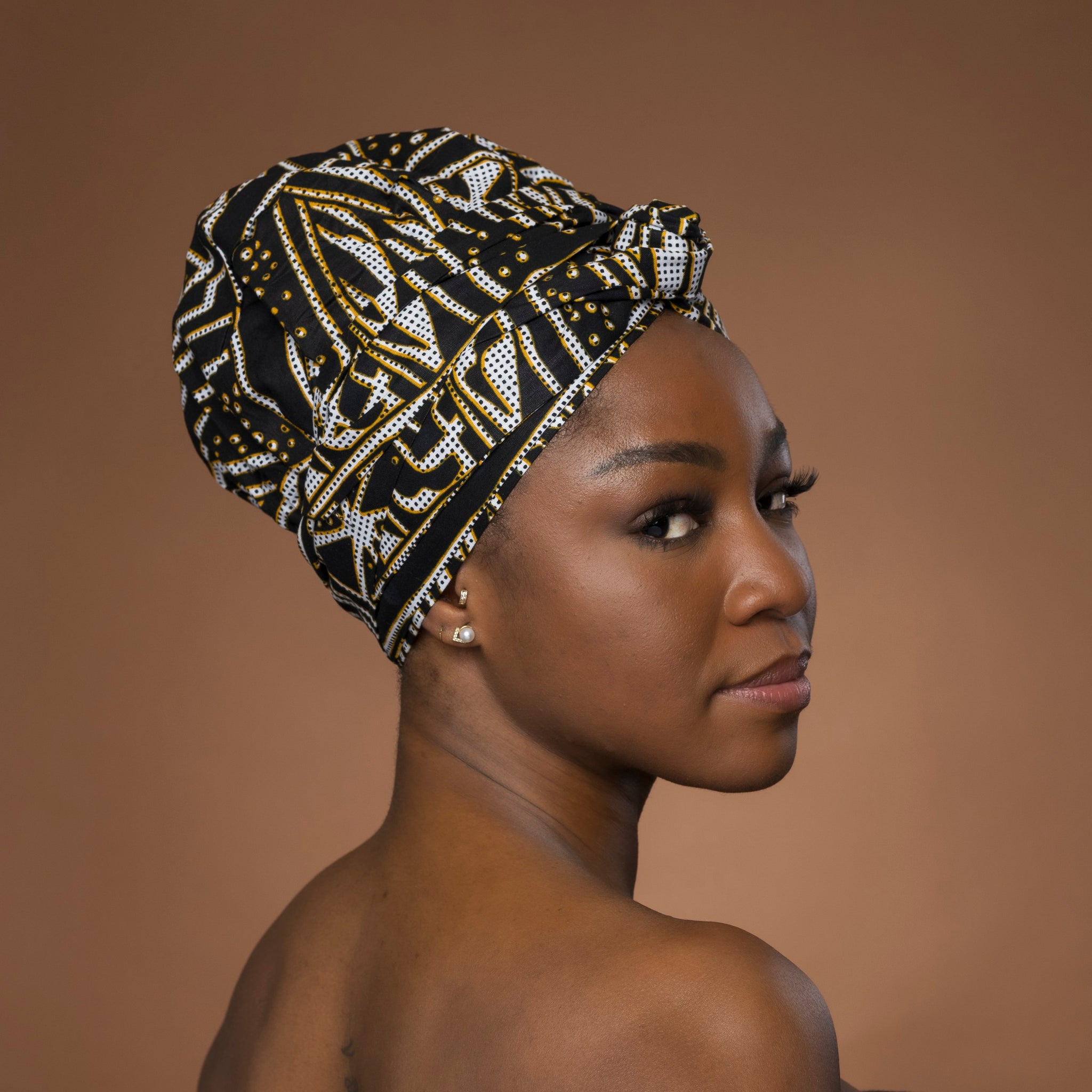 Turban facile - Bonnet en satin - Noir Jaune Ndop Cameroun