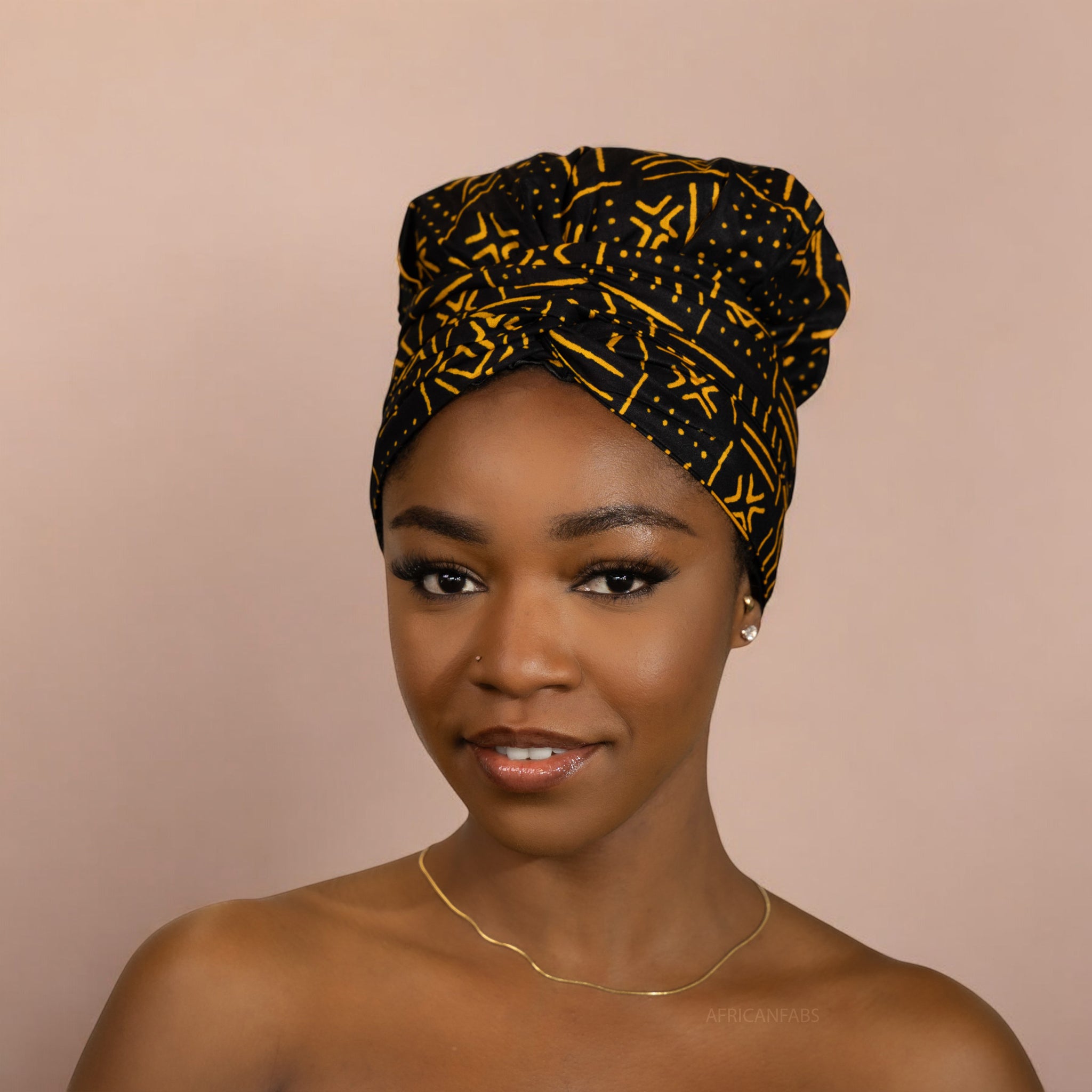 Turban facile - Bonnet en satin - Noir / jaune Bogolan