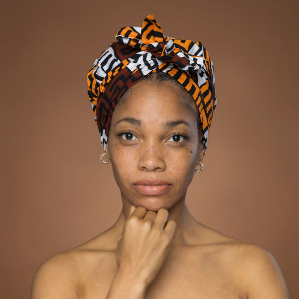 Easy headwrap - Satin lined hair bonnet - Brown & Yellow-Orange Kuba Blocks