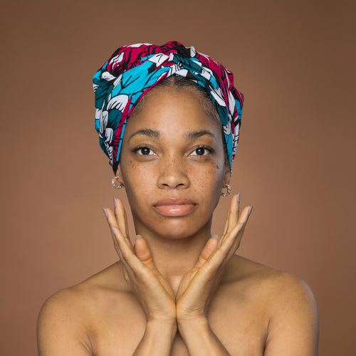 Easy headwrap / einfaches Kopftuch - Satinfutter -  Rosa & Teal Blumen