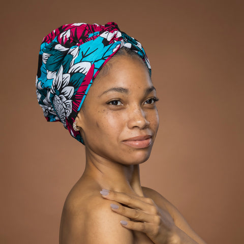 Easy headwrap / einfaches Kopftuch - Satinfutter -  Rosa & Teal Blumen
