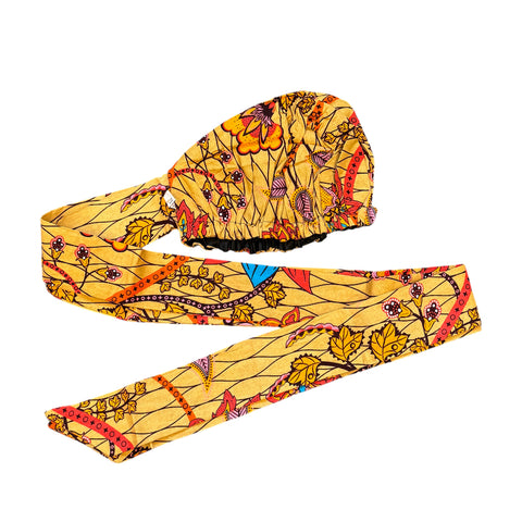 Easy headwrap / einfaches Kopftuch - Satinfutter -  Beige & Orange Botanical Flow