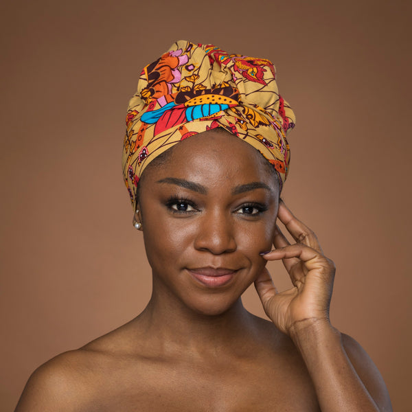 Turban facile - Bonnet en satin - Beige & Orange Botanical Flow