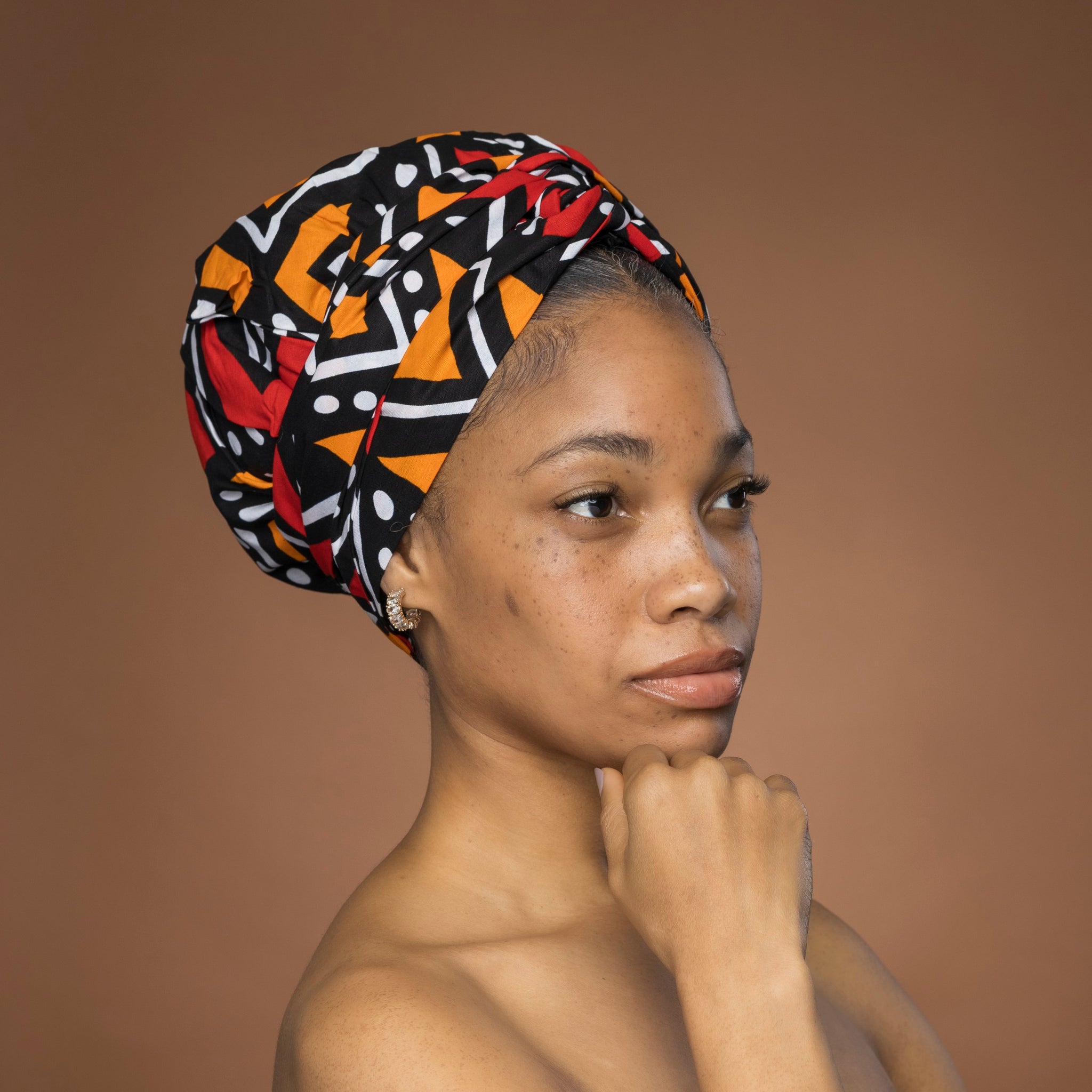 Turban facile - Bonnet en satin - Rouge et orange Bogolan