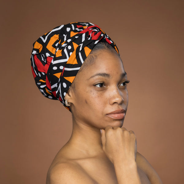 Turban facile - Bonnet en satin - Rouge et orange Bogolan