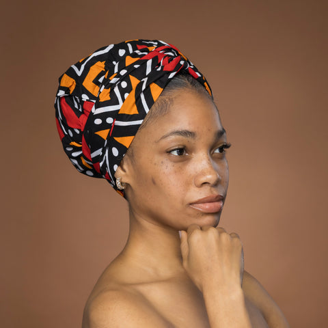 Easy headwrap / einfaches Kopftuch - Satinfutter - Rot und Orange Bogolan