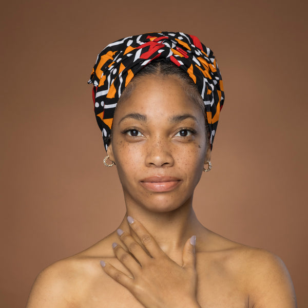 Turban facile - Bonnet en satin - Rouge et orange Bogolan