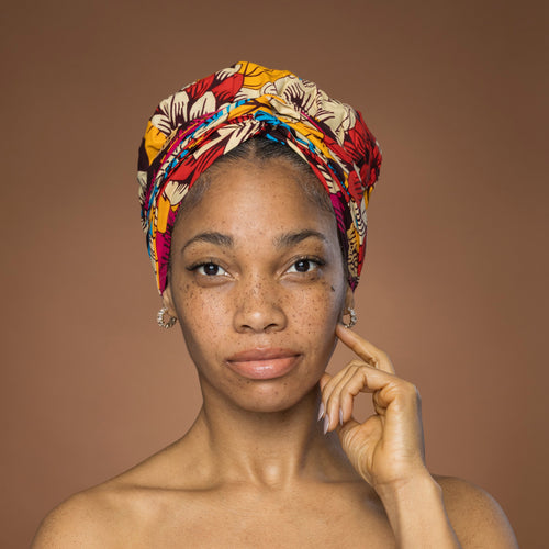 Easy headwrap - Satin lined hair bonnet - Red & Blue Flowers