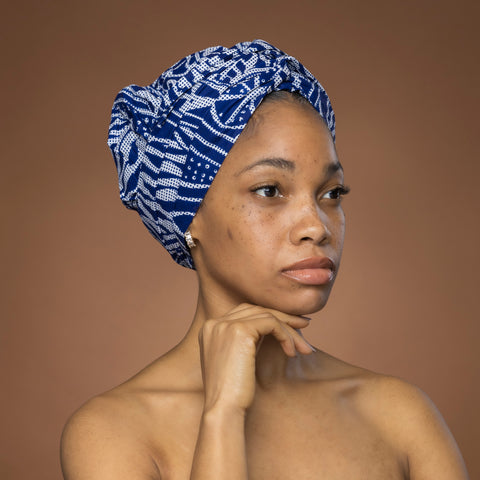 Easy headwrap - Satin lined hair bonnet - Blue Ndop Cameroon