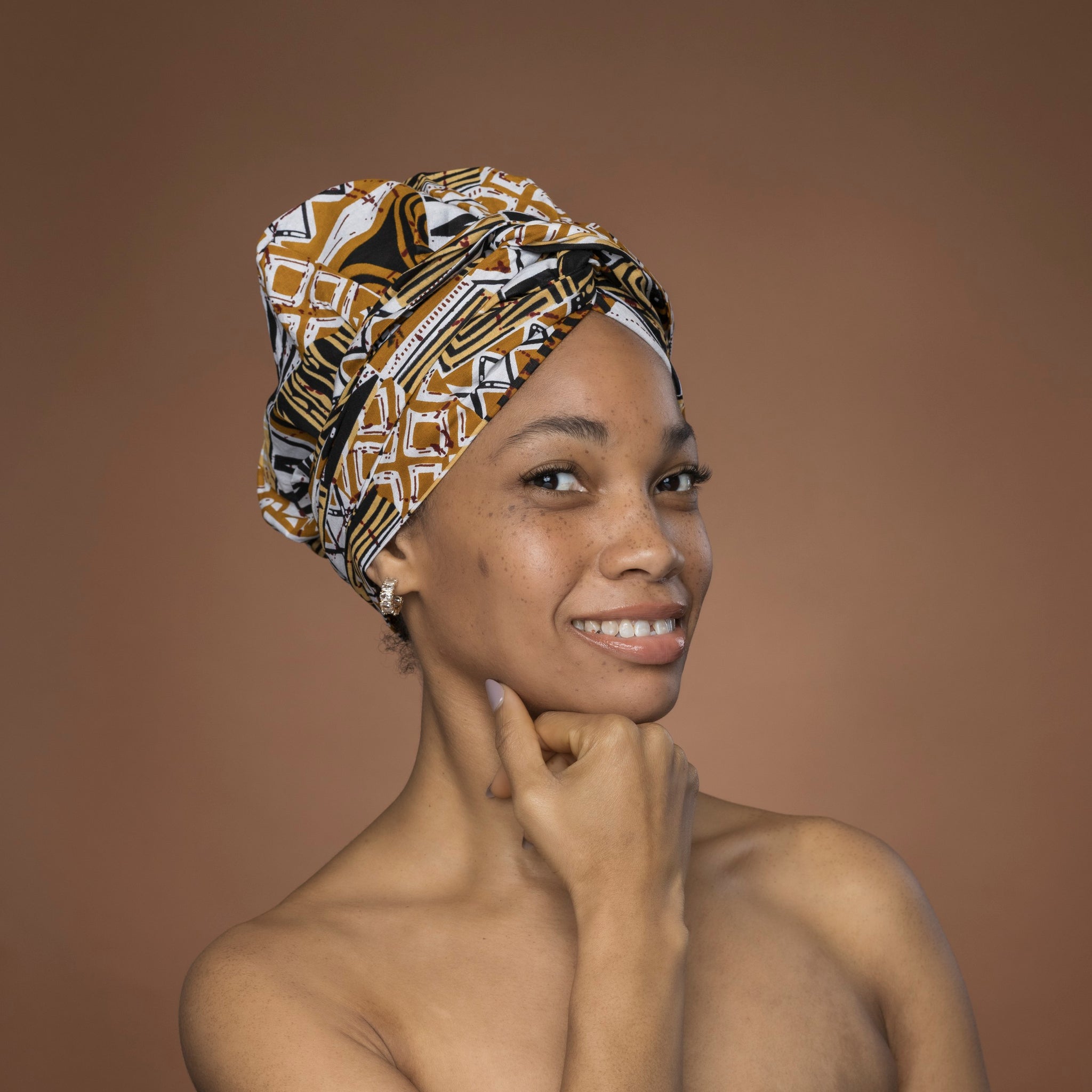 Easy headwrap / einfaches Kopftuch - Satinfutter - Khaki Bogolan Mosaic