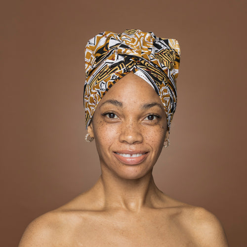 Easy headwrap - Satin lined hair bonnet - Khaki Bogolan Mosaic