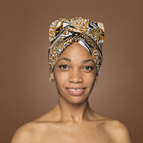Easy headwrap / einfaches Kopftuch - Satinfutter - Khaki Bogolan Mosaic