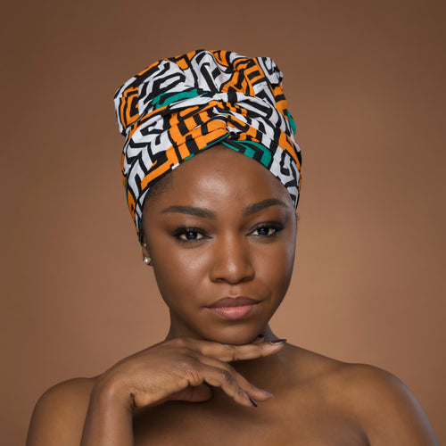 Easy headwrap - Satin lined hair bonnet - Teal Yellow Kuba Blocks Congo