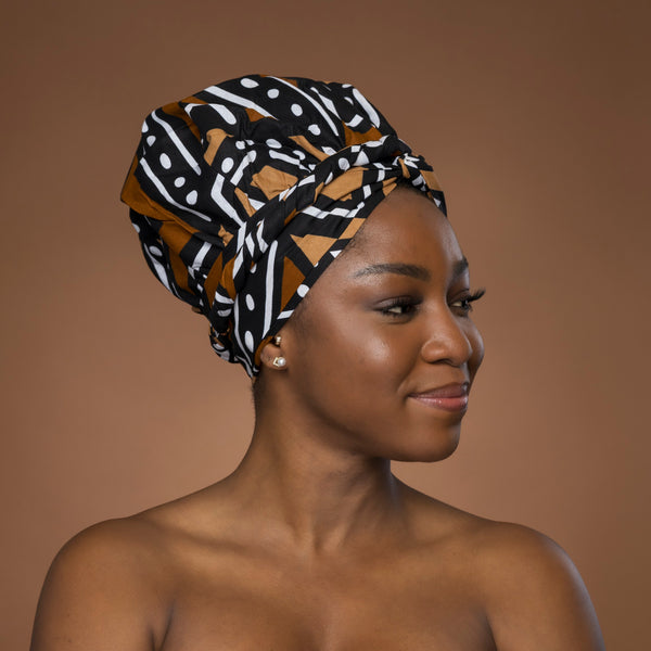 Turban facile - Bonnet en satin - Marron & Beige Bogolan