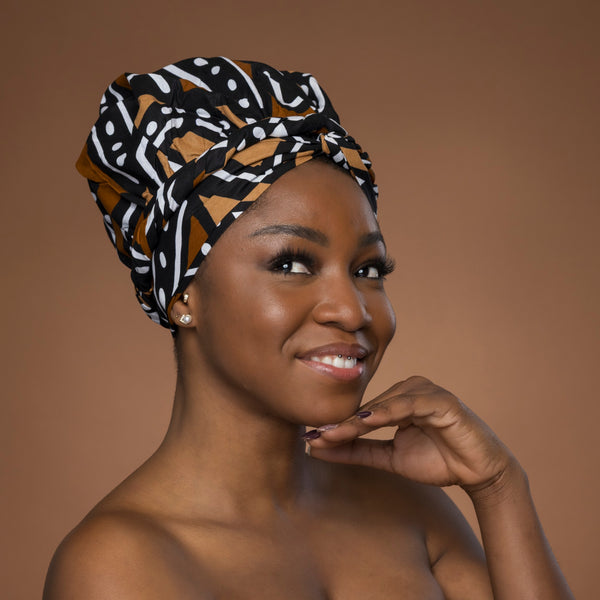 Turban facile - Bonnet en satin - Marron & Beige Bogolan
