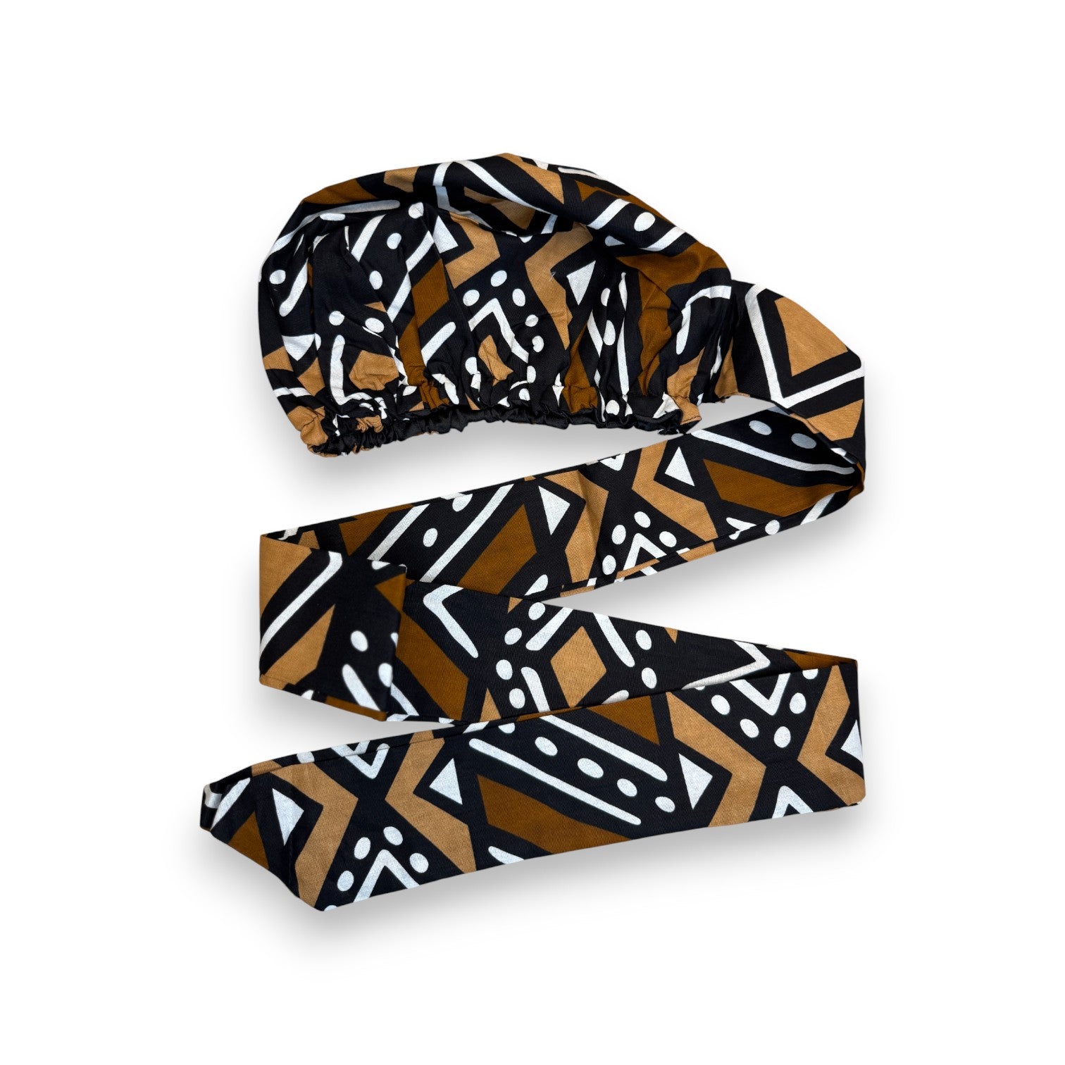 Turban facile - Bonnet en satin - Marron & Beige Bogolan