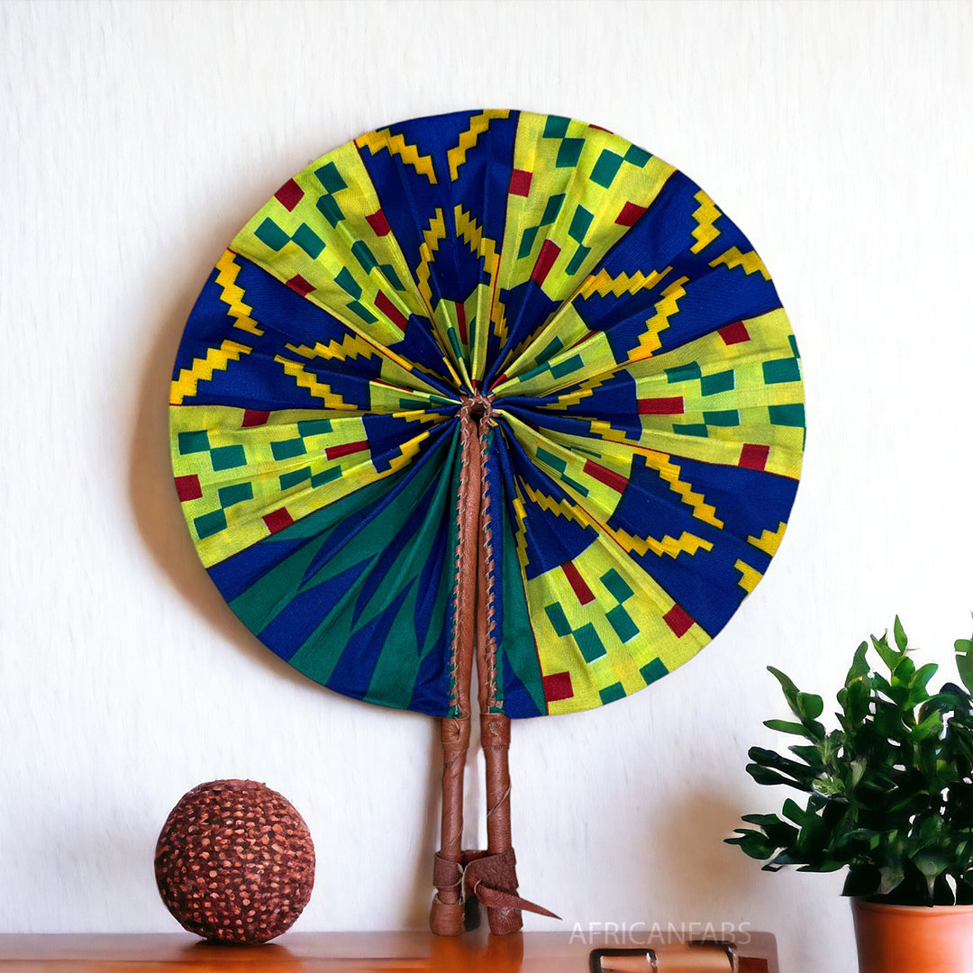 African Hand fan - Ankara print Hand fan - Abena - Blue / yellow kente