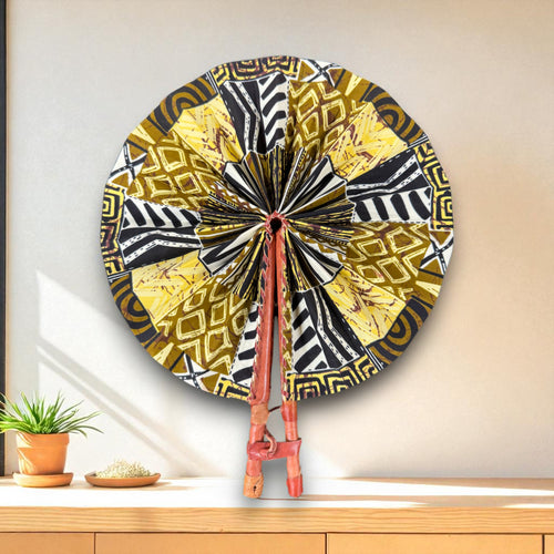 African Hand fan - Ankara print Hand fan - Yao - Yellow Bogolan